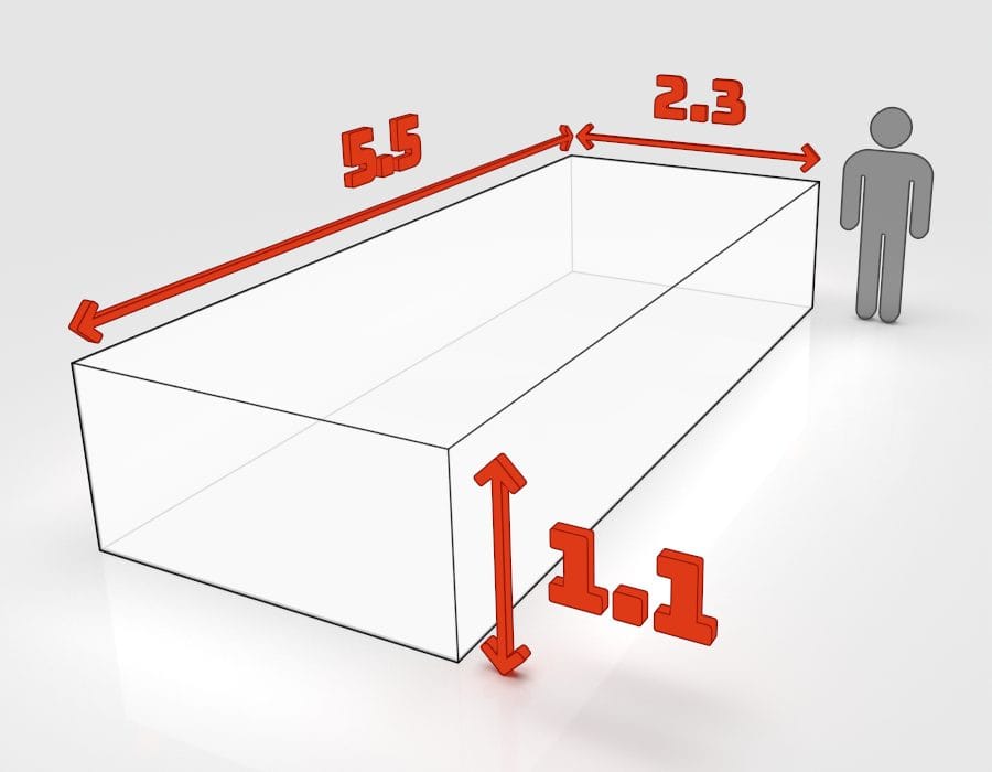 Dimensions de la benne 15 m³ à louer à Ostwald : 5,5 × 2,3 × 1,1 m