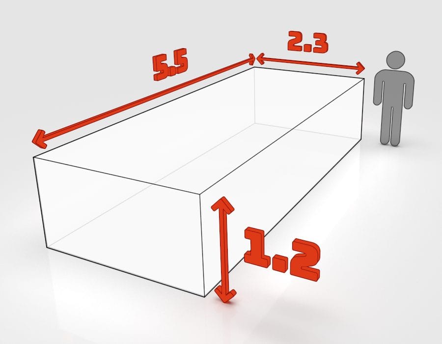 Dimensions de la benne 20 m³ à louer à Ostwald : 5,5 × 2,3 × 1,2 m