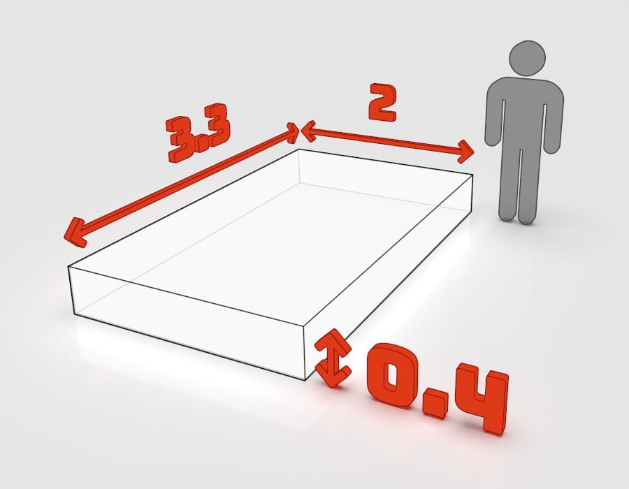 Dimensions de la benne 3 m³ à louer à Ostwald : 3,3 × 2 × 0,4 m
