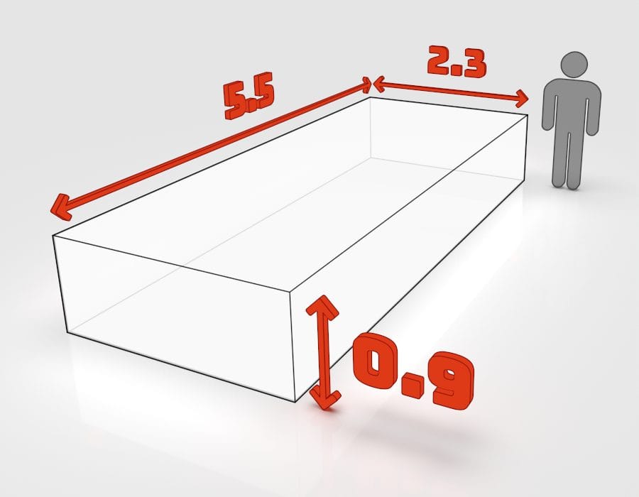 Dimensions de la benne 8 m³ à louer à Ostwald : 5,5 × 2,3 × 0,9 m